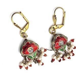 Antique Russian Cloisonne Enamel Earrings Dangle Fringe See Description 1.75in